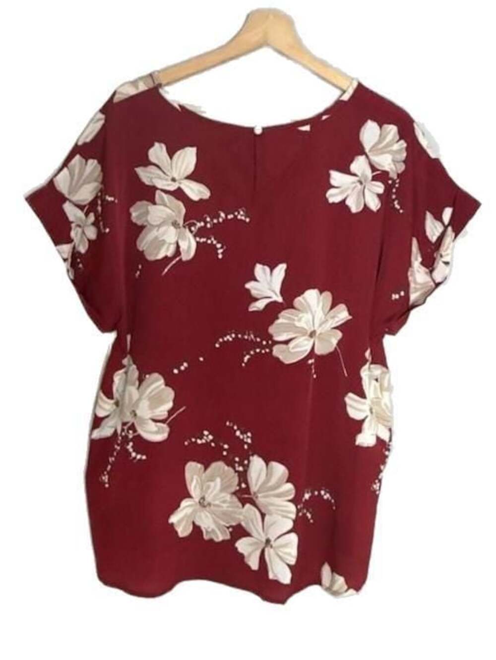 Shein Curve Burgundy Cream Floral Short Sleeve Polyester Blouse, 2X - Picture 2 of 5